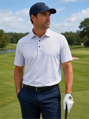 Rory Whelan Golf Performance Polo Shirt White Navy Micro Dot XL